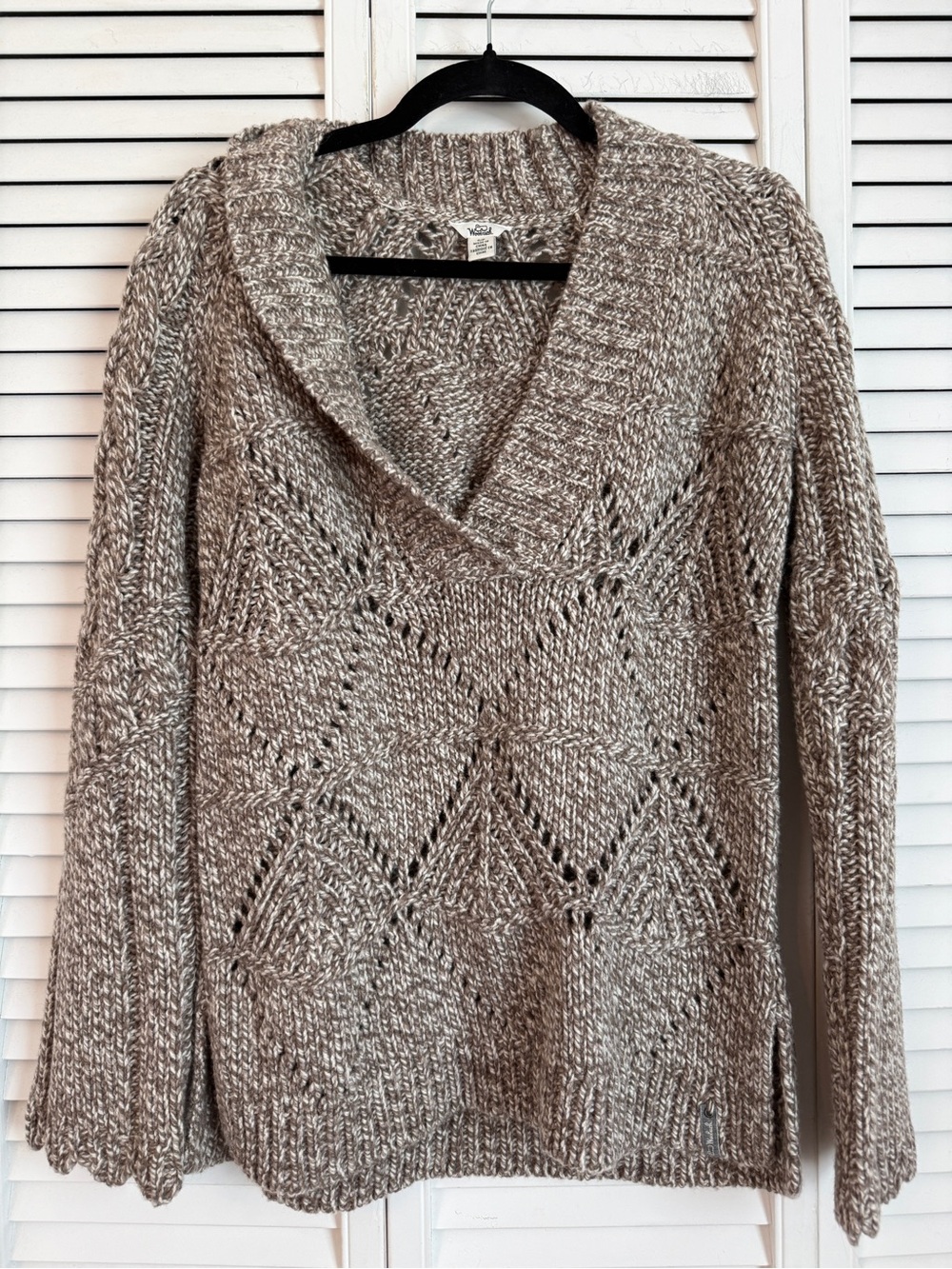 Woolrich Womens Fisherman Open Knit Marbled Sweater Shawl Neck Scalloped Sleeves